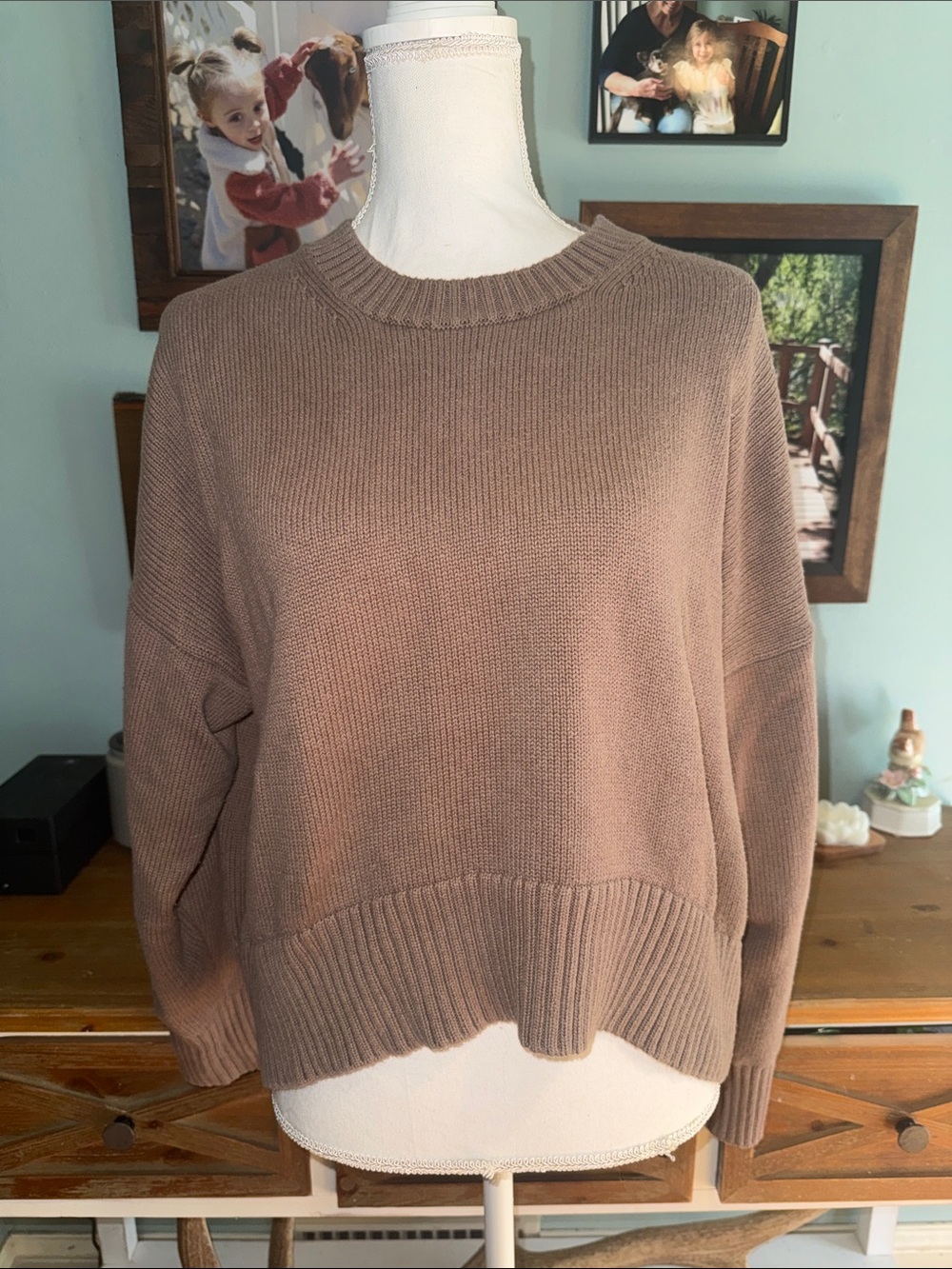Quince 100% Organic Cotton Women's Cozy Crewneck Sweater - Taupe Tan M